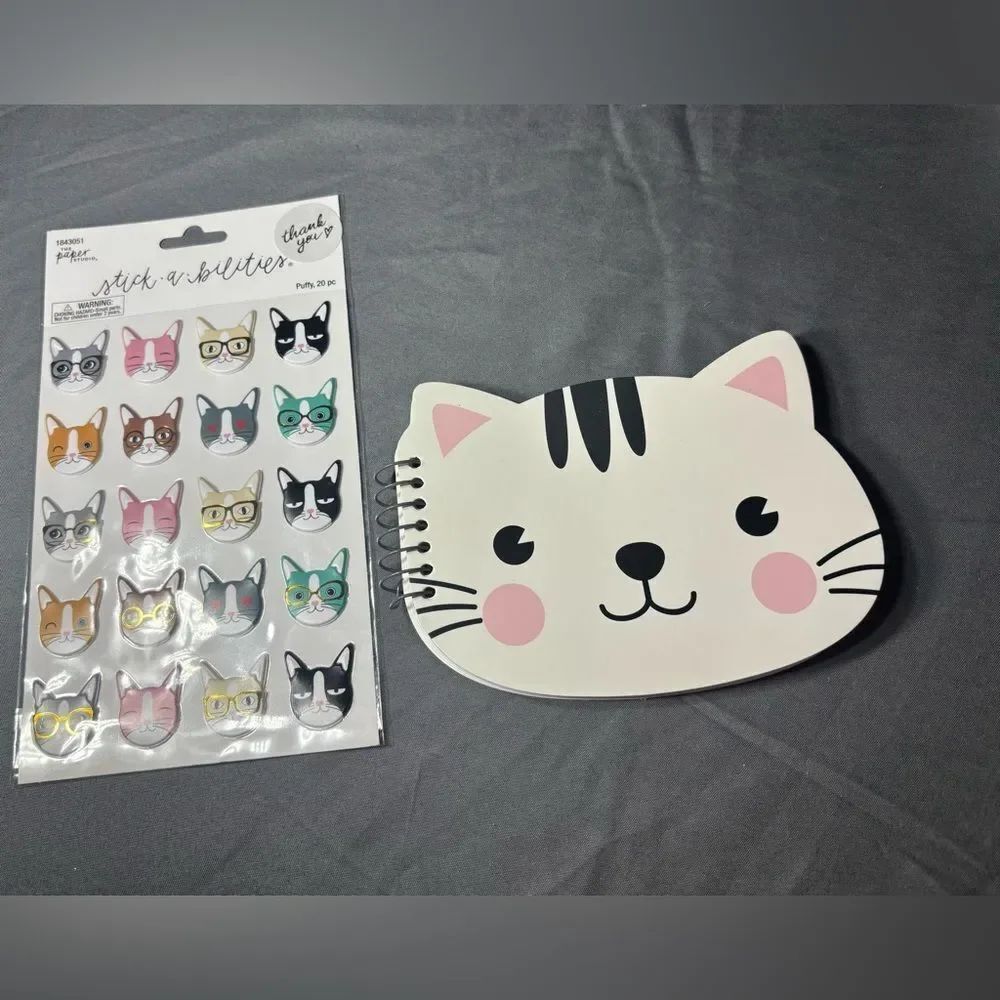 Charming Cat Face Spiral Notebook with Stickers 2 pc Cat Themed Notepad Set NWT